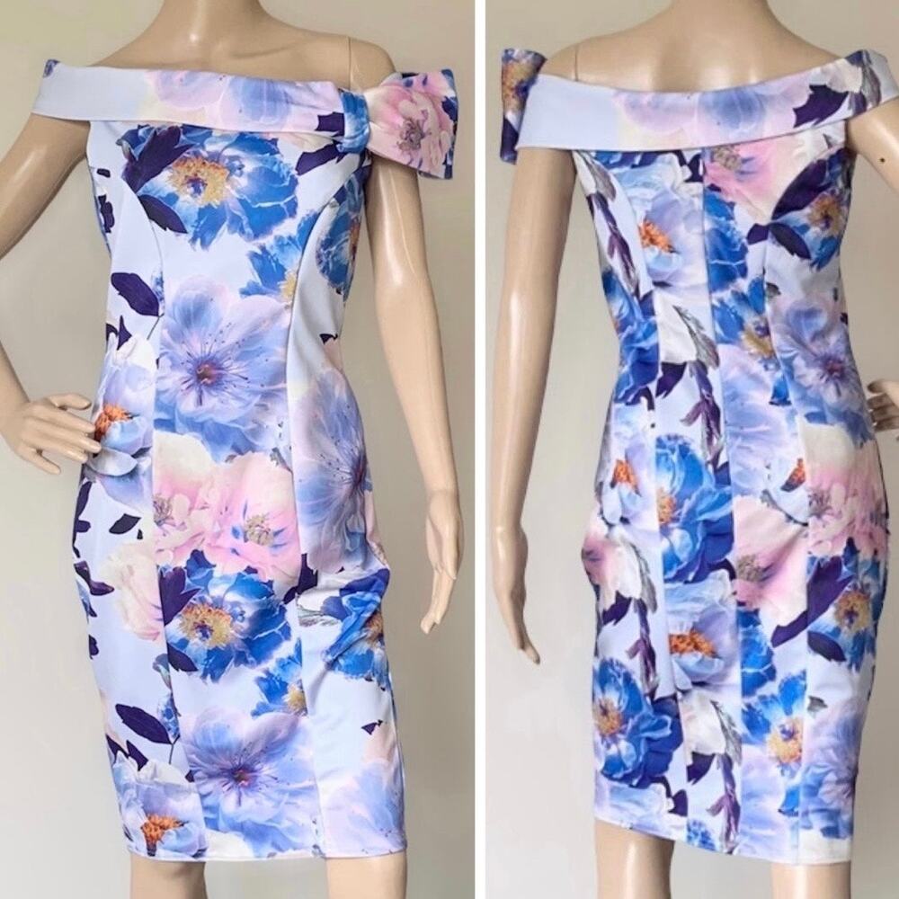 Dorothy Perkins Scarlett B Pencil Blue Floral Pink Bardot Off Shoulder Dress Sz8